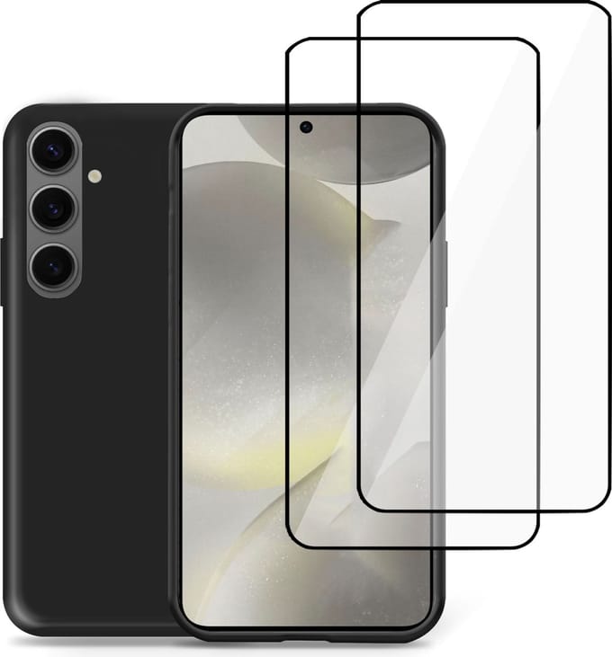 Hoesje + 2x Screenprotector geschikt voor Samsung Galaxy S24 – Full Screen Tempered Glass - Liquid Back Case Cover Zwart