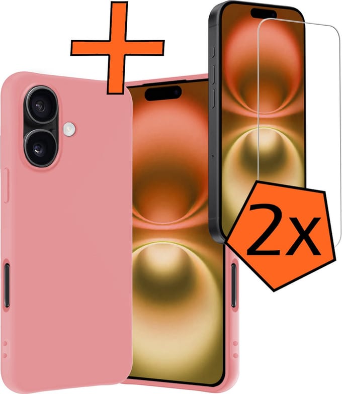 Hoes - Met 2x Screenprotector - Geschikt voor Apple iPhone 16 Plus - Sterk & Shockproof - Back Cover - Siliconen Case - Telefoon Hoes - Lichtroze