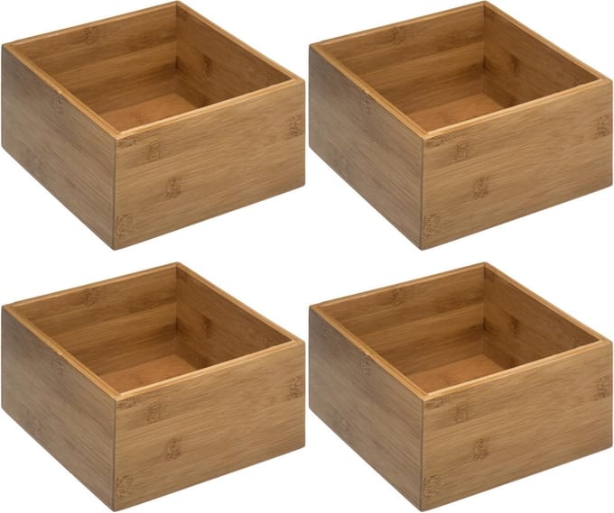 5Five Opberg/sorteer/lade verdelers bakjes - bamboe hout - 18 x 18 x 9.5 cm - Set van 4x stuks