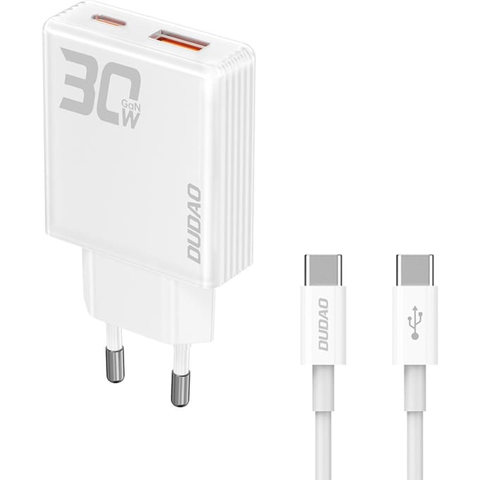 Dudao GaN A30EUT 30W USB-A / USB-C Wall Charger + USB-C - USB-C Cable - White