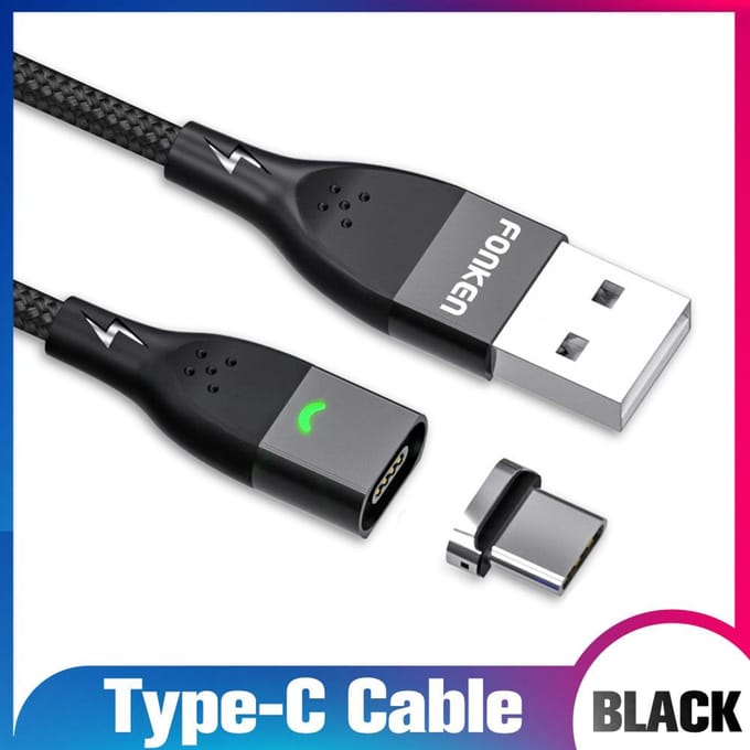 FONKEN Magnetische kabel USB-C Datasnoer Snellader Type-C Draad Snel opladen Mobiele telefoon QC3.0 3A 2M Type-C Cable + Plug zwart