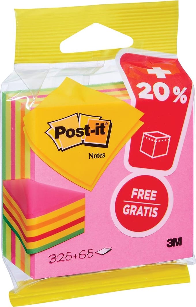 Post-it Notes kubus ft 76 mm x 76 mm | Neon | blok van 325 + 65 vel gratis | op blister