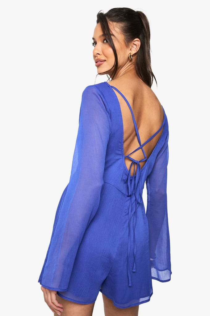 boohoo Dames Chiffon playsuit met kruisrug | Cobalt | Maat: 8