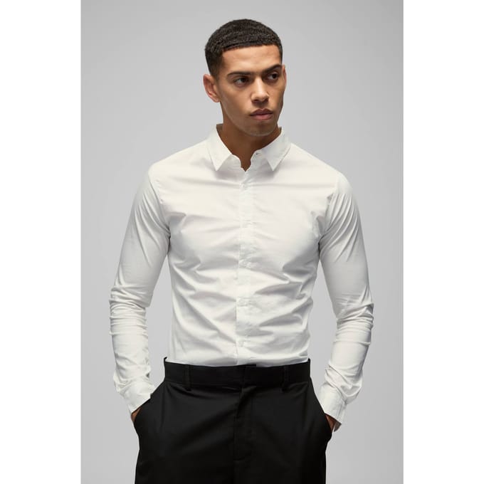 Stretch Fit Shirt met Lange Mouwen | White | Size Large