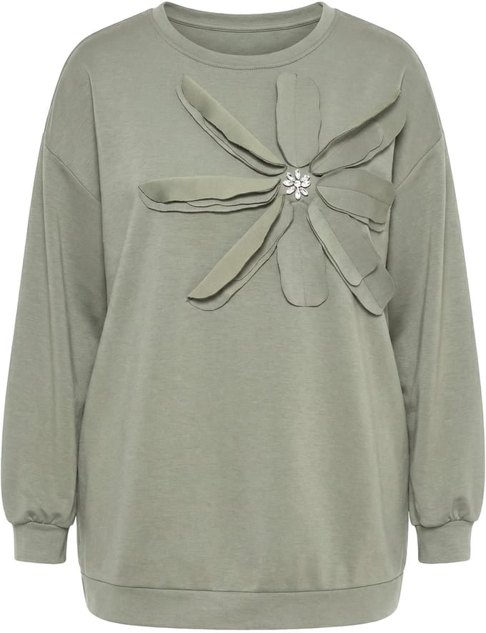 MIAMODA - Dames - Sweatshirt A-lijn versierde 3D-bloemen - Rietgroen - Maat 52