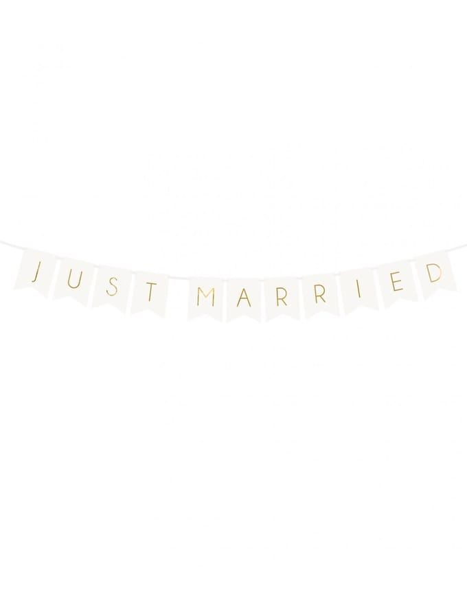 PARTYDECO - Slinger met vlaggetjes wit en goud just married 155 cm van karton