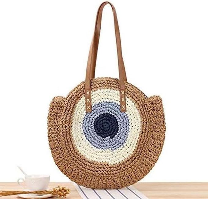Stro Schoudertas - Geweven Tas - Zomerse Uitjes - Handgeweven Design - 44x41 cm - Lichtbruin