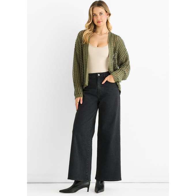 Khaki Open Knit Rand-tot-Rand Cardigan