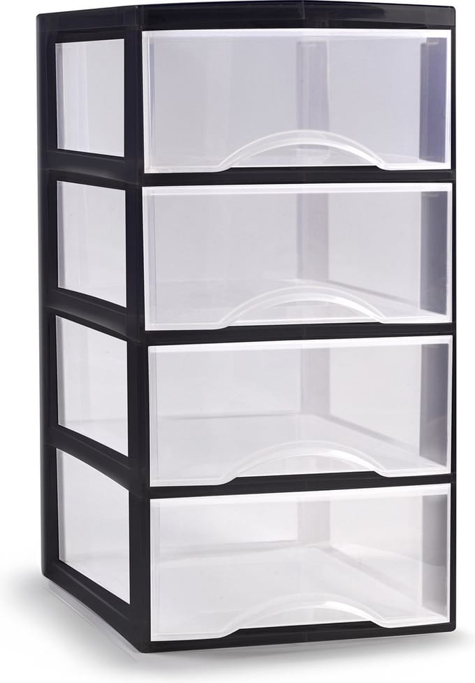 Plasticforte Ladeblokje/bureau organizer met 4x lades - transparant/zwart - L26 x B36 x H49 cm