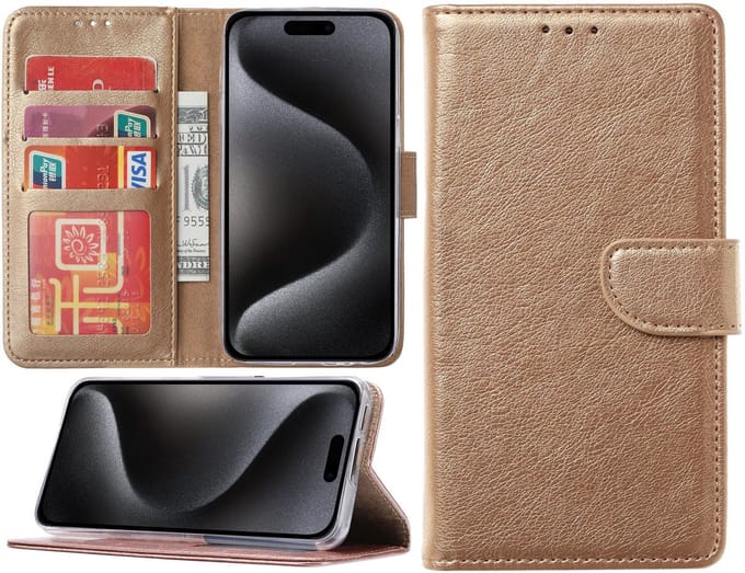 Hoesje geschikt voor iPhone 15 Pro - Bookcase - Pasjeshouder - Kunstleer - Goud