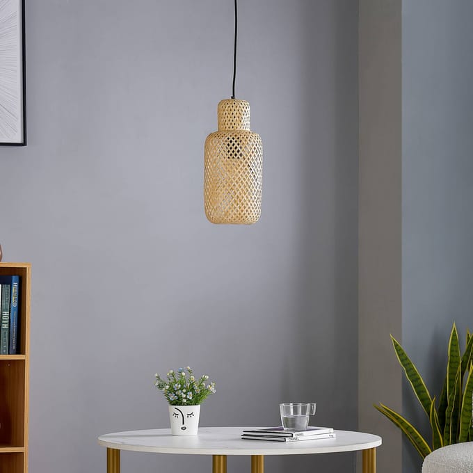 Lindby - hanglamp - 1licht - Bamboe, plastic - H: 34.5 cm - E27 - licht hout, zwart