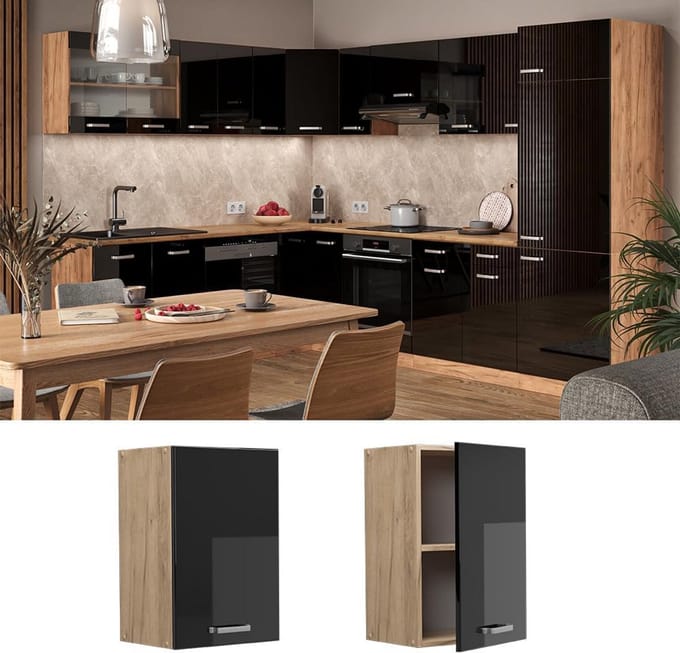 Keukenkast Hangend 40 cm Zwart Hoogglans & Krachtig Eiken Goud