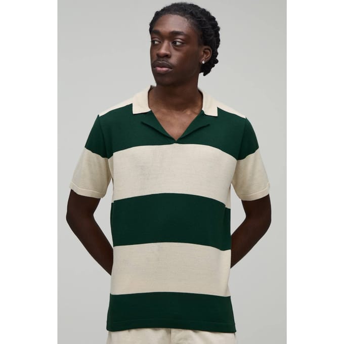 Regular Fit Revere Striped Knitted Polo T-Shirt | Forest | Size Small