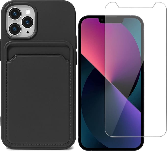 Hoesje Pasjeshouder geschikt voor iPhone 12 Pro Max Zwart - Siliconen Case Back Cover + Screenprotector Glas
