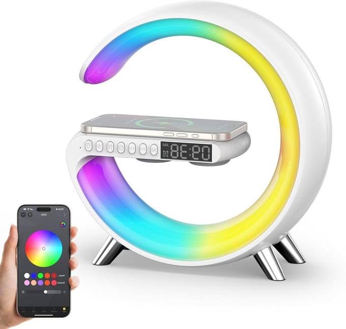 Slimme Wekker - Nachtlamp Speaker - Rustig Wakker Worden - Draadloze Oplaadfunctie - Groot Model - Wit