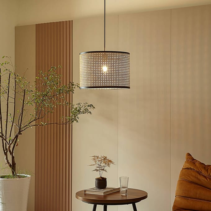Lindby - hanglamp - 1licht - Rotan - H: 28 cm - E27 - hel hout