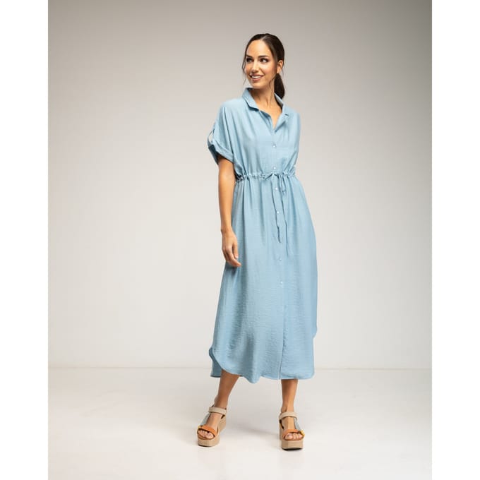 Midi-jurk met elastische taille en borst, rimpelmouwen en zakken