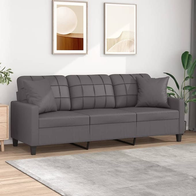 vidaXL - Driezitsbank - met - sierkussens - 180 - cm - kunstleer - grijs