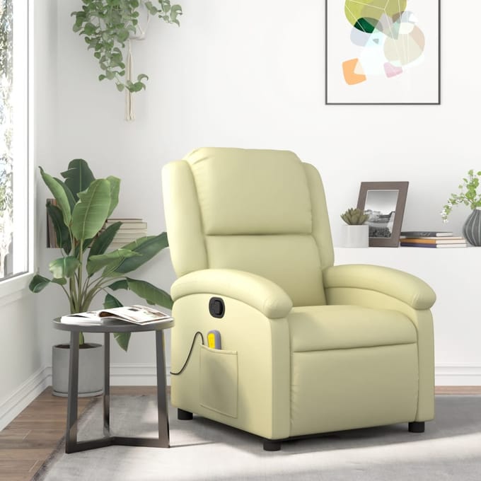vidaXL - Massagestoel - van - echt - leer, - crèmekleurig