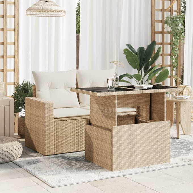 vidaXL - Tuintafel - met - glazen - blad - 100x55x73 - cm - poly - rattan - beige