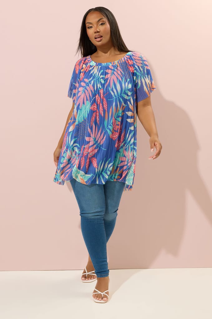 Yours Blauwe Top Met Bladprint En Plooien Van Mesh Size 48