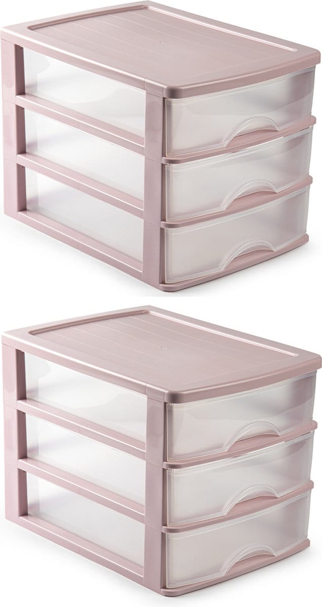Plasticforte Ladeblok - 2x stuks - roze - 3 lades - L35,5xB27xH26 - bureau organizer
