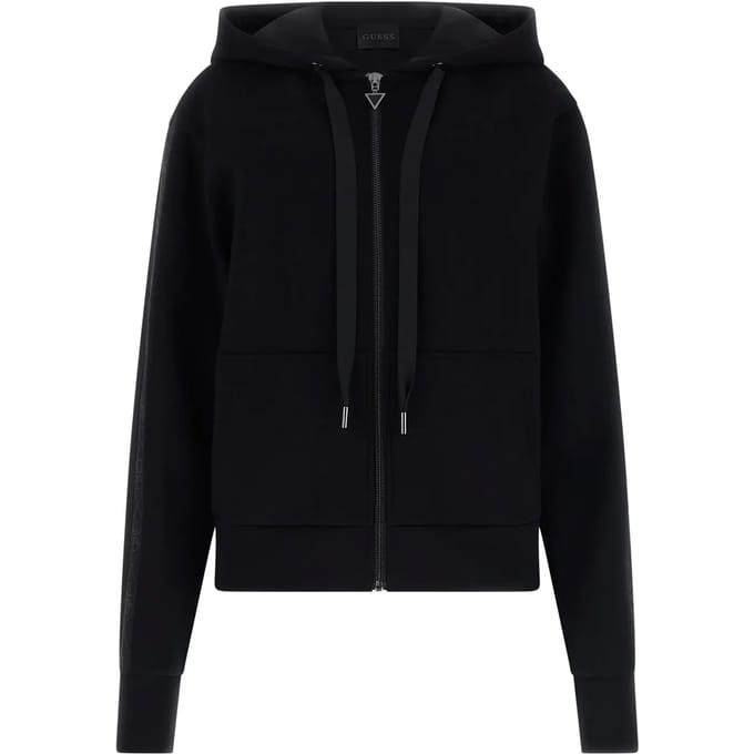 Hooded Zip-Up Sweatshirt with Front Pockets Wo - Black