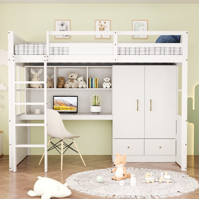 Halfhoogslaper - 90x200 cm - Met Ladder, Bureau, Kledingkast + Laden - Kinderbed / Jongerenbed - Wit