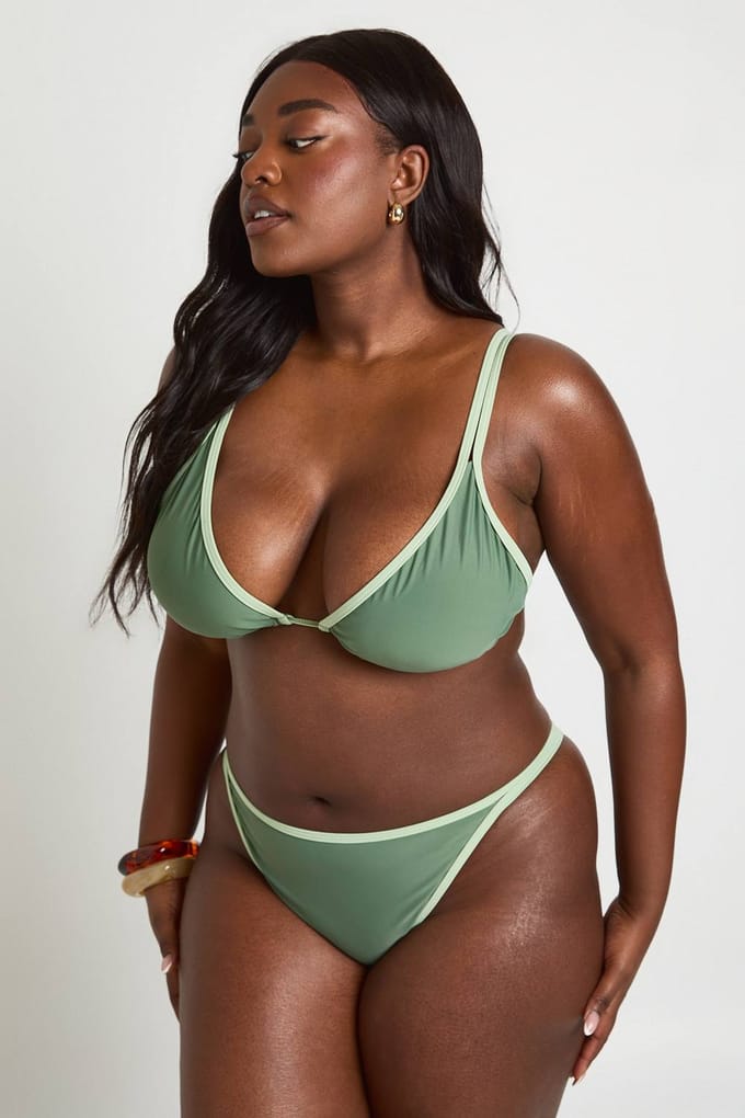 boohoo Dames Plus Contrast Hoge Pijp Bikini | Groente | Maat: 56