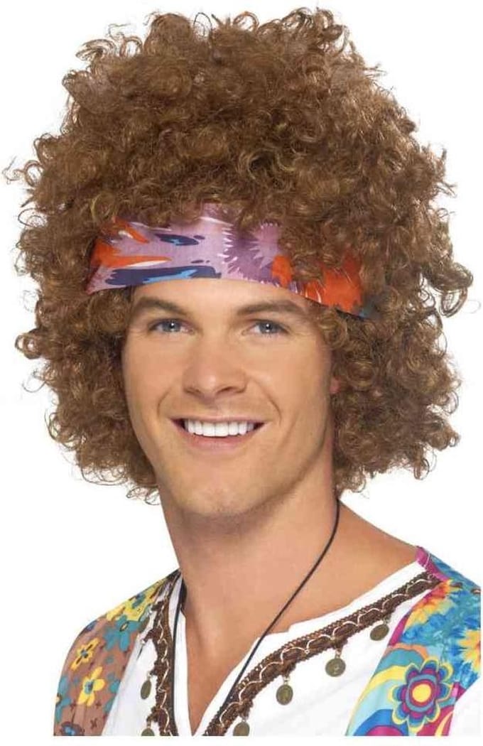 Bruine afro hippie pruik voor mannen - Verkleedpruik - One size