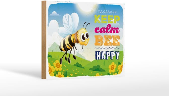 Holzschild Spruch 30x40 cm Keep calm bee happy Biene Wiese Deko Schild
