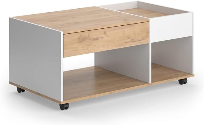 Moderne Salontafel met Lade en Wieltjes in Eiken/Wit