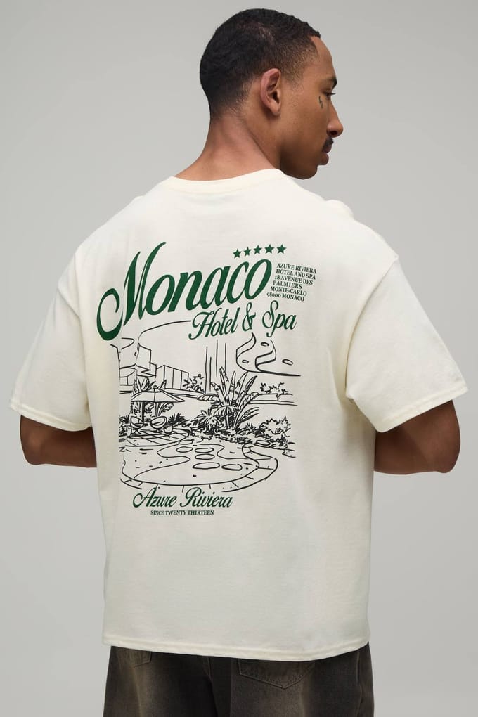 Ecru Oversized Boxy T-shirt Met Monaco Hotel Print | Size XS