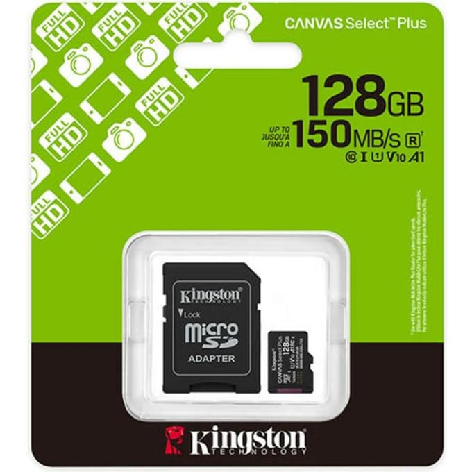 Kingston 128GB microSDXC Canvas Select Plus Gen3 150MB/s A1 Card + Adapter SD-kaart