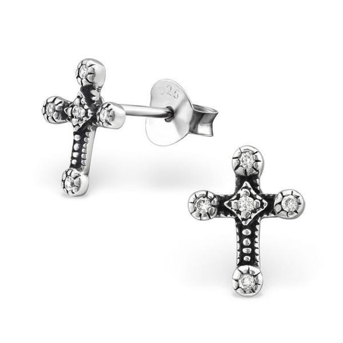Montebello Oorbellen Anhar White - 925 Zilver Geoxideerd - Kruis - 7x9mm