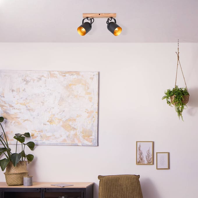 Brilliant Tronte plafondspot, lengte 37,5 cm, zwart/goud, 2-lamps.