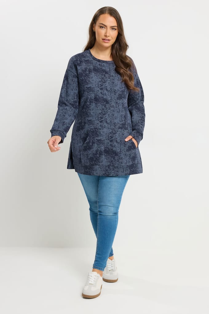 Yours Donkerblauw Sweatshirt Met Zak En Abstracte Print Size 48