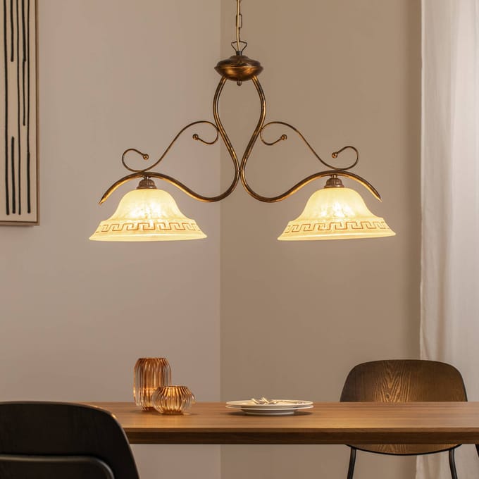 ONLI Hanglamp BILIARDO GIORGIO, crème/brons, glas/ijzer 2-lamps.