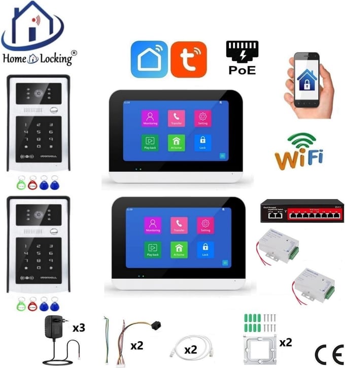 Smart WIFI deur intercom/videofoon touchscreen met bediening via Smart Life APP werkt met Alexa en Google spraaksturing. T-2303V-2-2