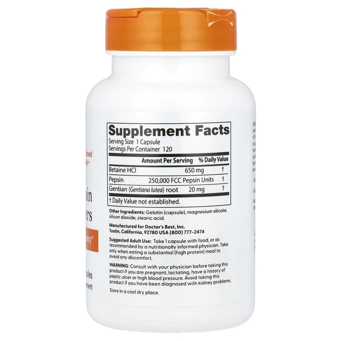 Doctors Best Betaine HCl Pepsin & Gentian Bitters - 120 capsules