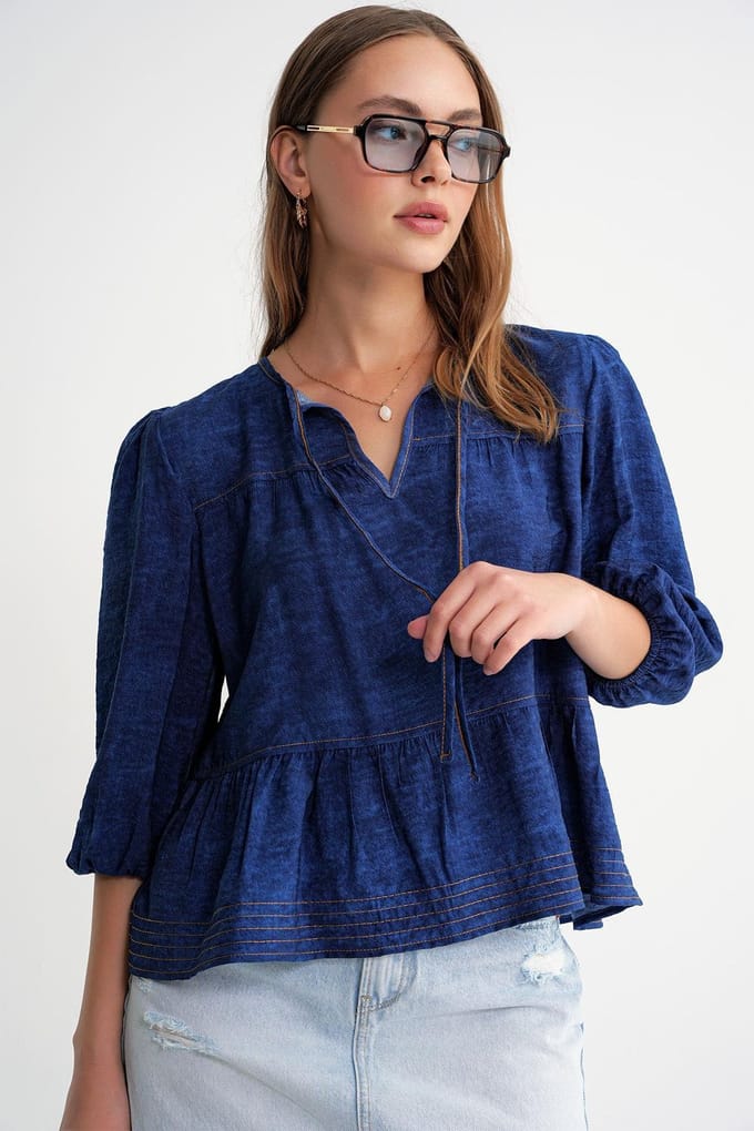 Denimachtige Gerimpelde Ballonmouw Blouse