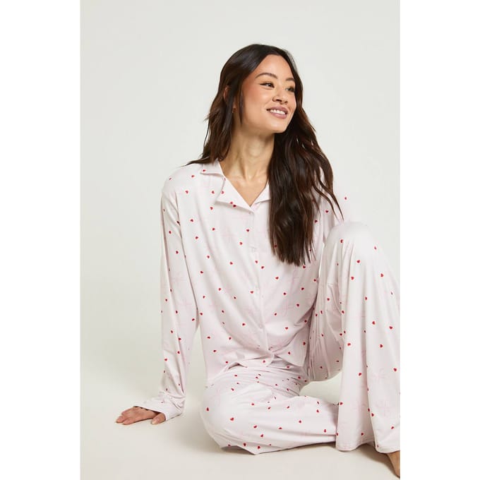 boohoo Dames Tall Bow & Hartprint Lange Mouw Top & Broek Pyjama Set | Lichtroze | Maat: 38