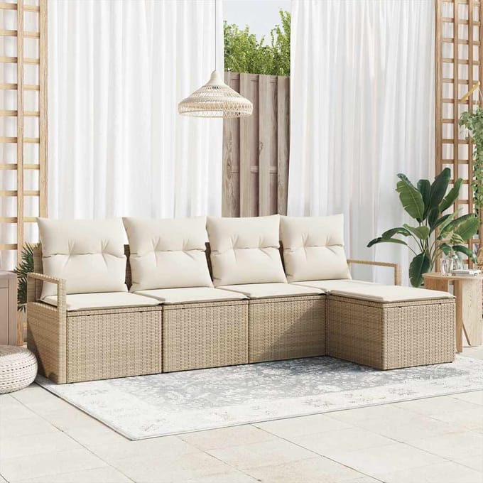 vidaXL Bankstel met kussen met opslag 5 pcs Beige en Crème poly rattan