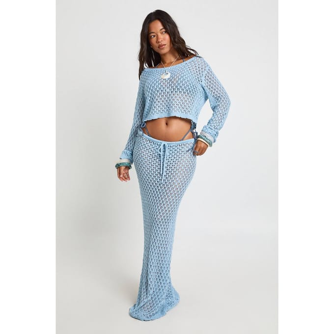 boohoo Dames Gehaakte Gebreide Strand Maxi Rok | Blauw | Maat: Medium