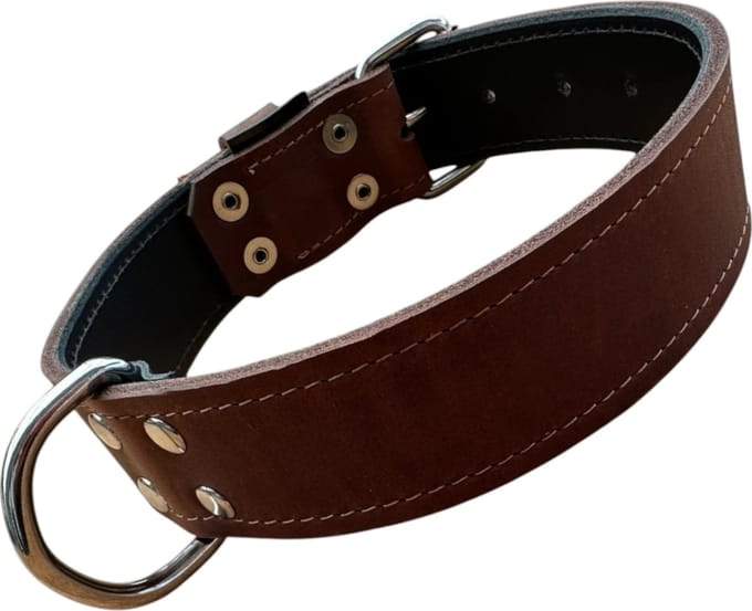 K9 World, honden halsband, donker bruin leder, dubbel gestikt, 4cm breed, 55-65cm
