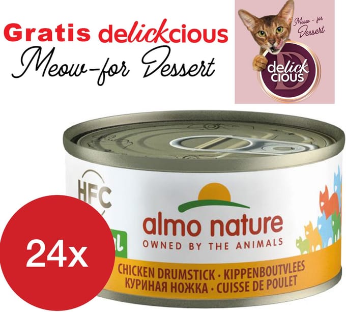 Almo Nature kippenboutvlees 24 x 70 gram met GRATIS Delickcious dessert