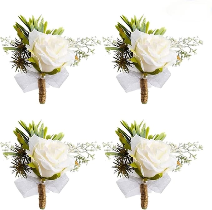 Knoopsgat Corsage - Bruiloft Bloemen - Feestelijke Accenten - Handgemaakt Ontwerp - 4 Stuks - Wit