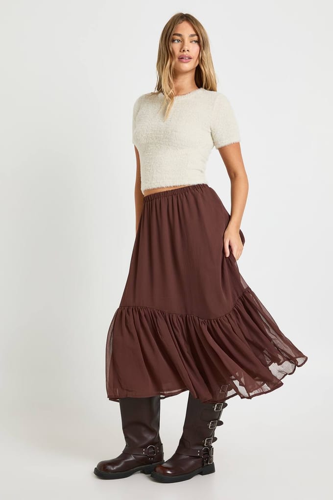 boohoo Dames Chiffon gelaagde maxi-rok | Chocolate | Maat: 6