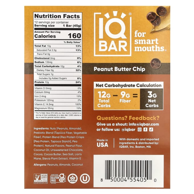 IQBAR, pindakaaschips, 12 repen, 45 g (1,6 oz) elk