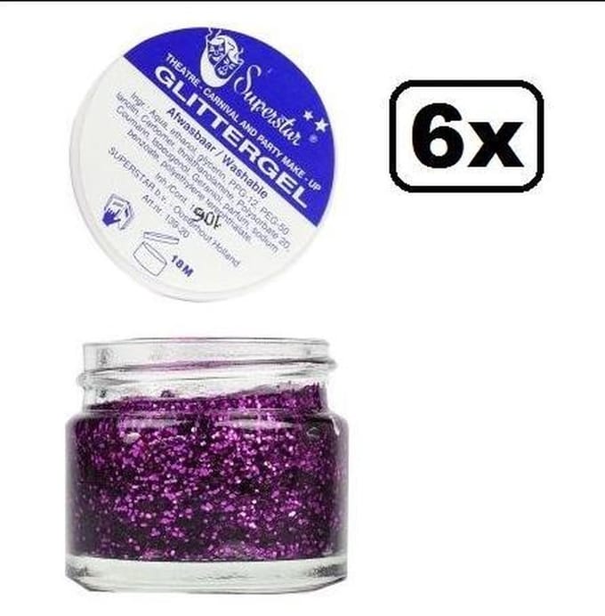 6x Gel superstar glitterpaars (huid&haar) 15 ml
